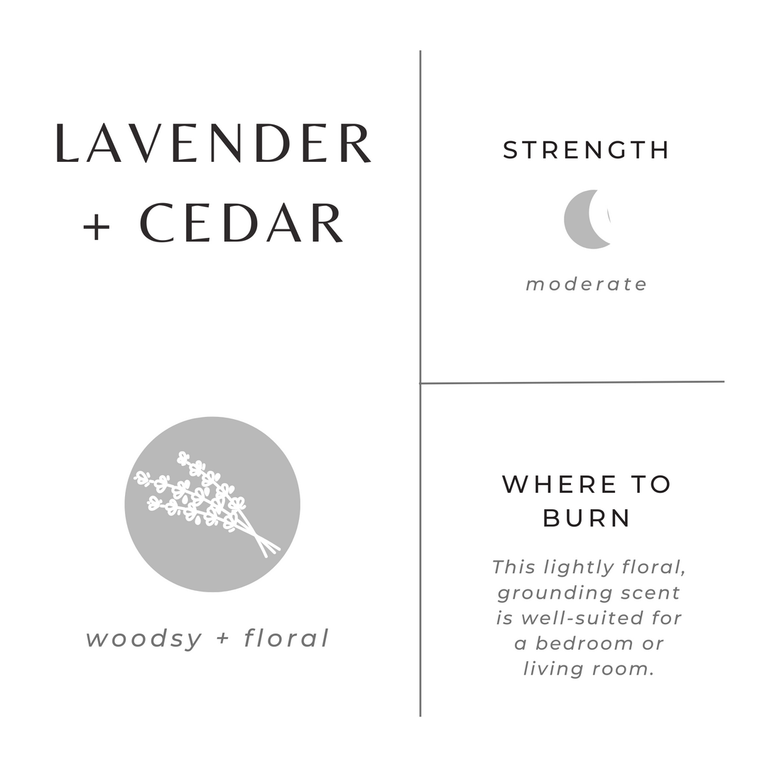Mini essential oil candle in lavender and cedar with a calming label, 2 oz brushed gold tin.