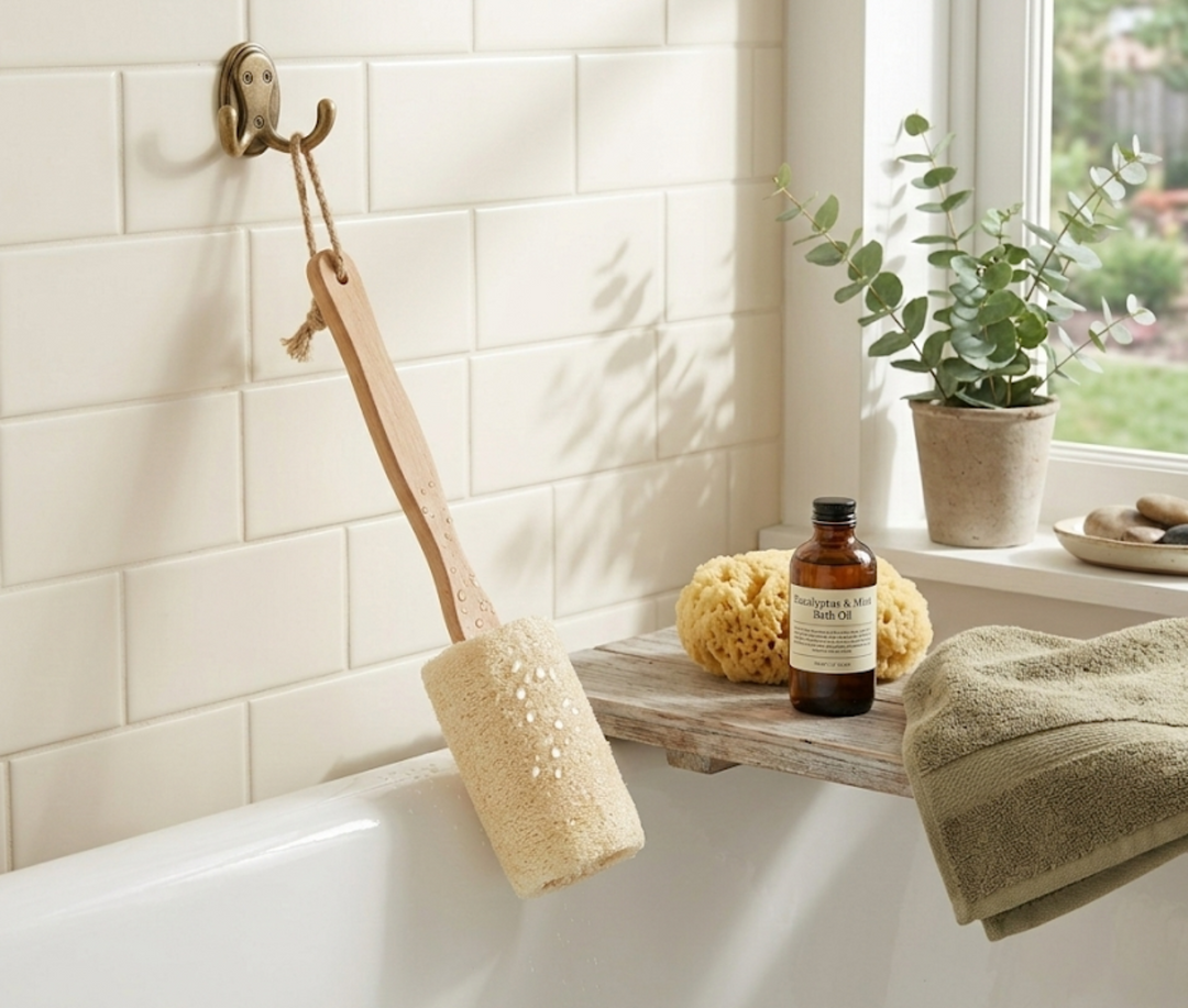 Natural loofah bath brush with long handle, showing the textured exfoliating surface for gentle skin cleansing.