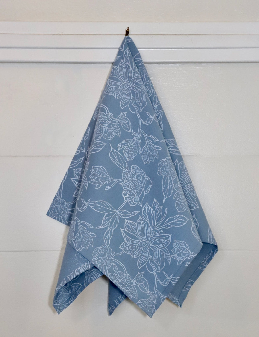 Magnolia cotton tea towel, hand block printed floral design.