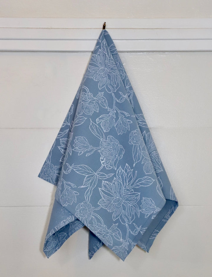 Magnolia cotton tea towel, hand block printed floral design.