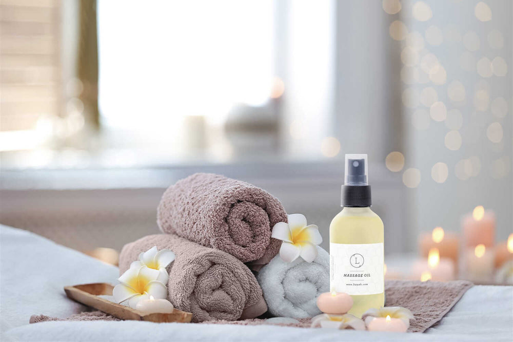 Eucalyptus massage oil with fresh eucalyptus leaves and a smooth texture.
