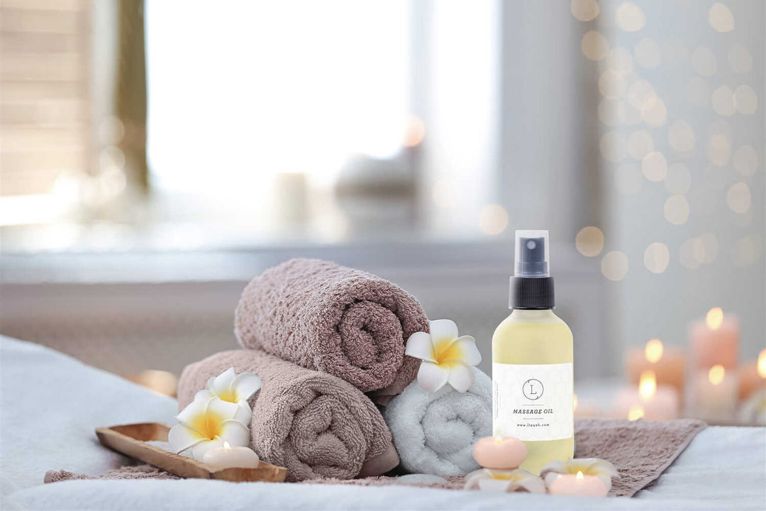 Eucalyptus massage oil with fresh eucalyptus leaves and a smooth texture.