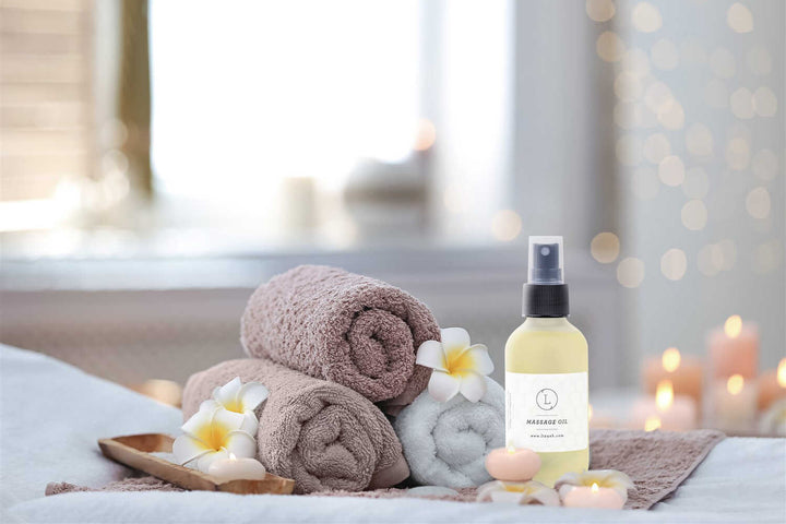 Eucalyptus massage oil with fresh eucalyptus leaves and a smooth texture.