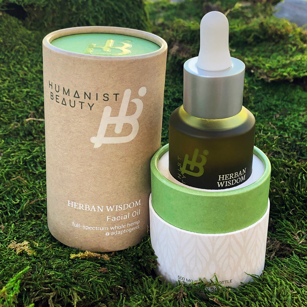 Herban Wisdom facial oil, full-size glass bottle with a dropper.