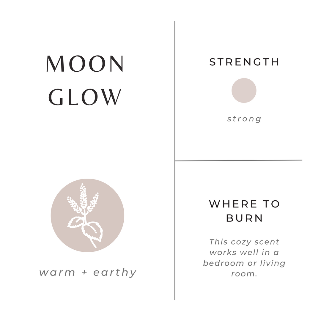Moonglow candle with patchouli and cinnamon decorative label design.