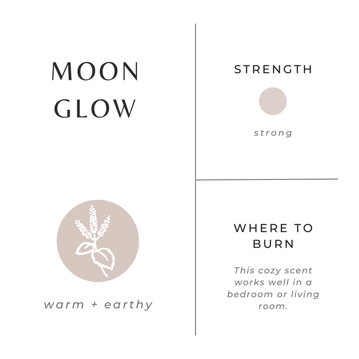 Moonglow candle with patchouli and cinnamon decorative label design.