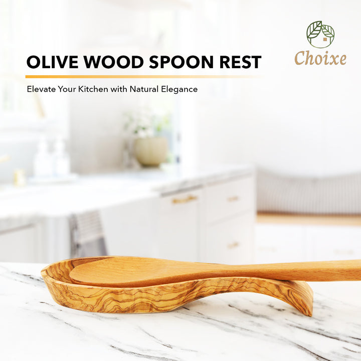 Handcrafted Mediterranean olive wood spoon rest with a smooth finish and natural wood grain, ideal for kitchen and cooking use.