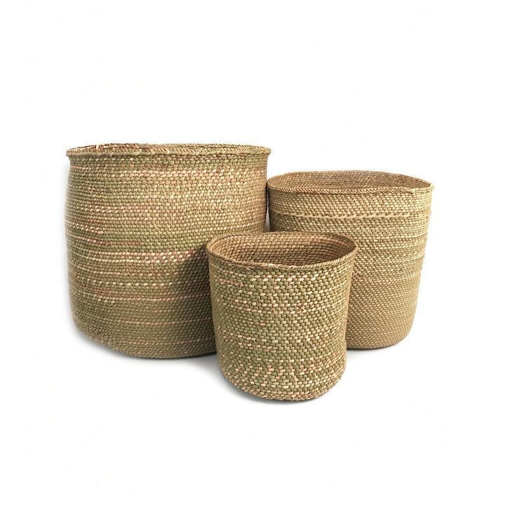 Three natural milulu grass baskets in medium, large and extra large, the full Iringa set of three