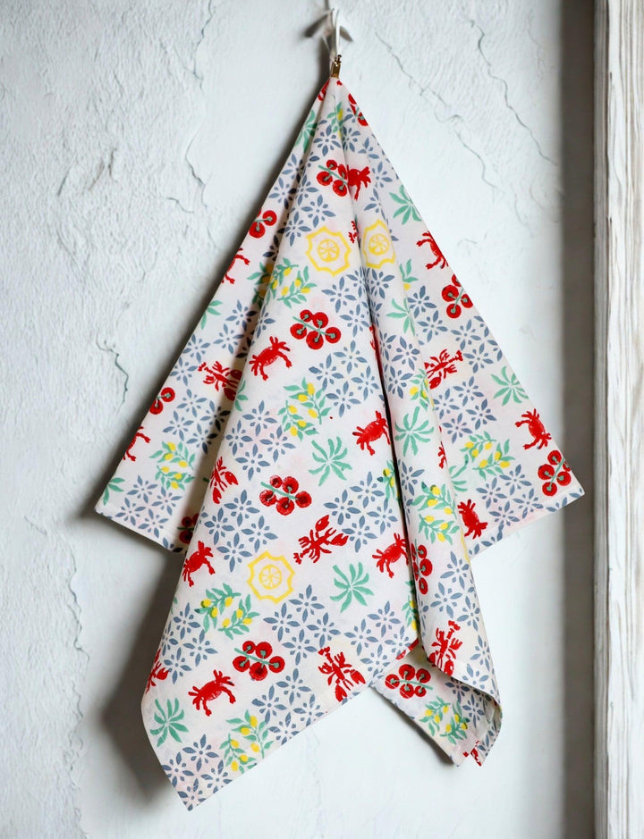 New Orleans Riviera cotton tea towel, hand block printed.