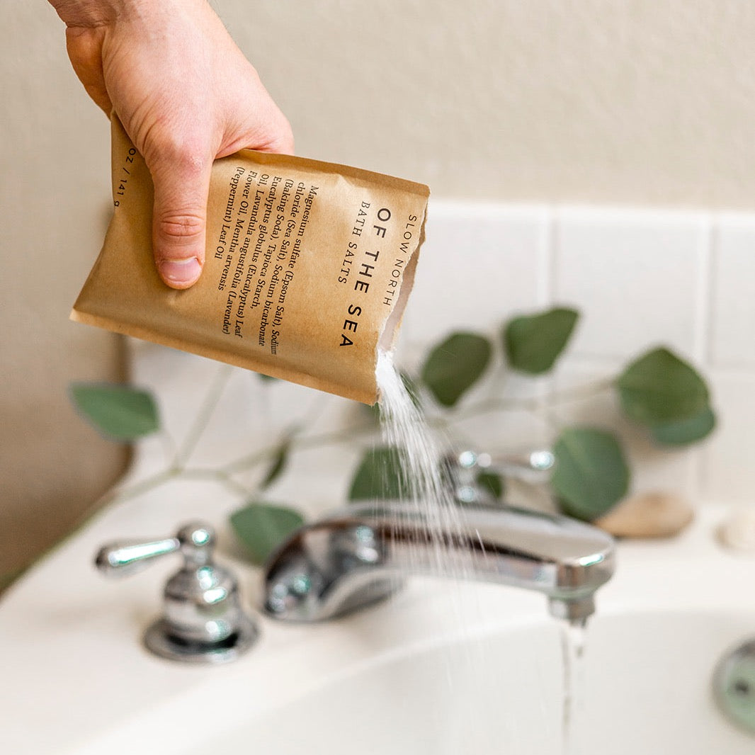 Bath salts pouch with eucalyptus lavender blend in biodegradable kraft packaging.