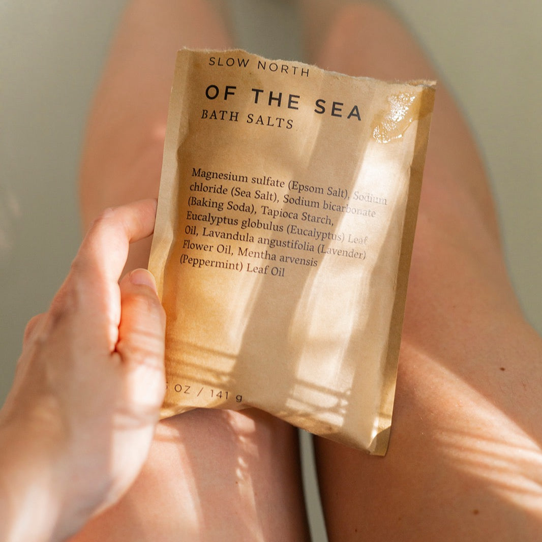 Biodegradable kraft pouch of bath salts with eucalyptus and lavender blend.