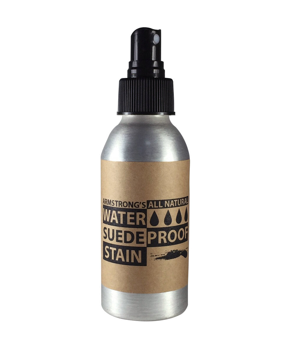 Suede stain and waterproofer spray for protecting suede footwear and accessories.