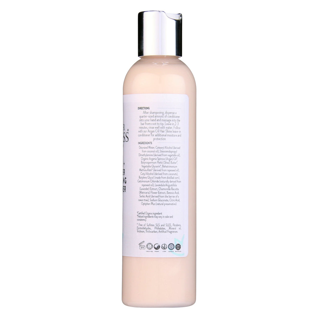 Organic argan hair conditioner with shea butter, moisturizing hair care.