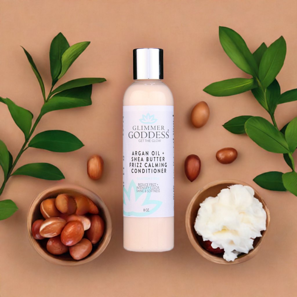 Organic argan hair conditioner with shea butter for moisturizing hair care.
