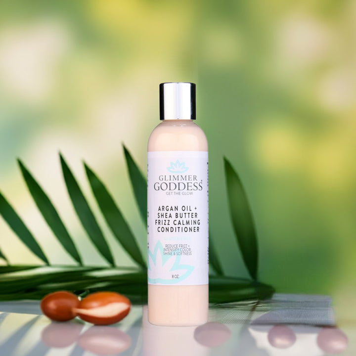 Organic argan hair conditioner with shea butter for moisturizing hair care.