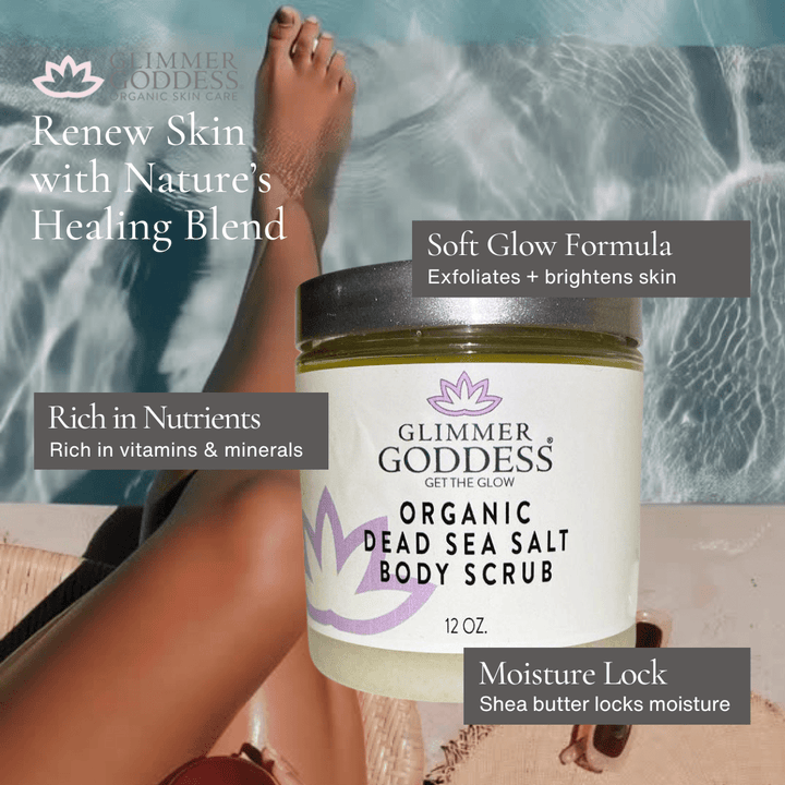 Organic body scrub with Dead Sea salt and shea butter in a jar.
