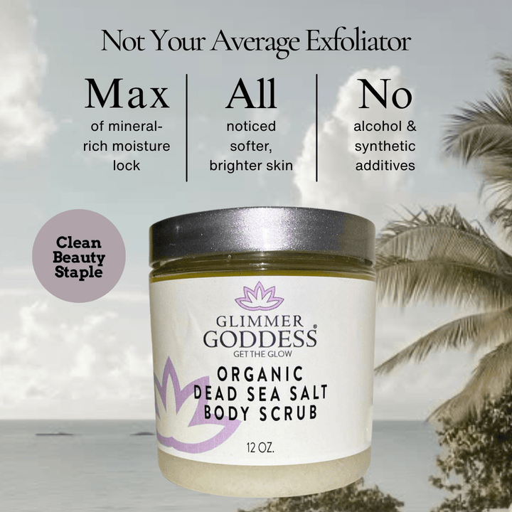 Organic body scrub with Dead Sea salt and shea butter, creamy exfoliant in a jar.