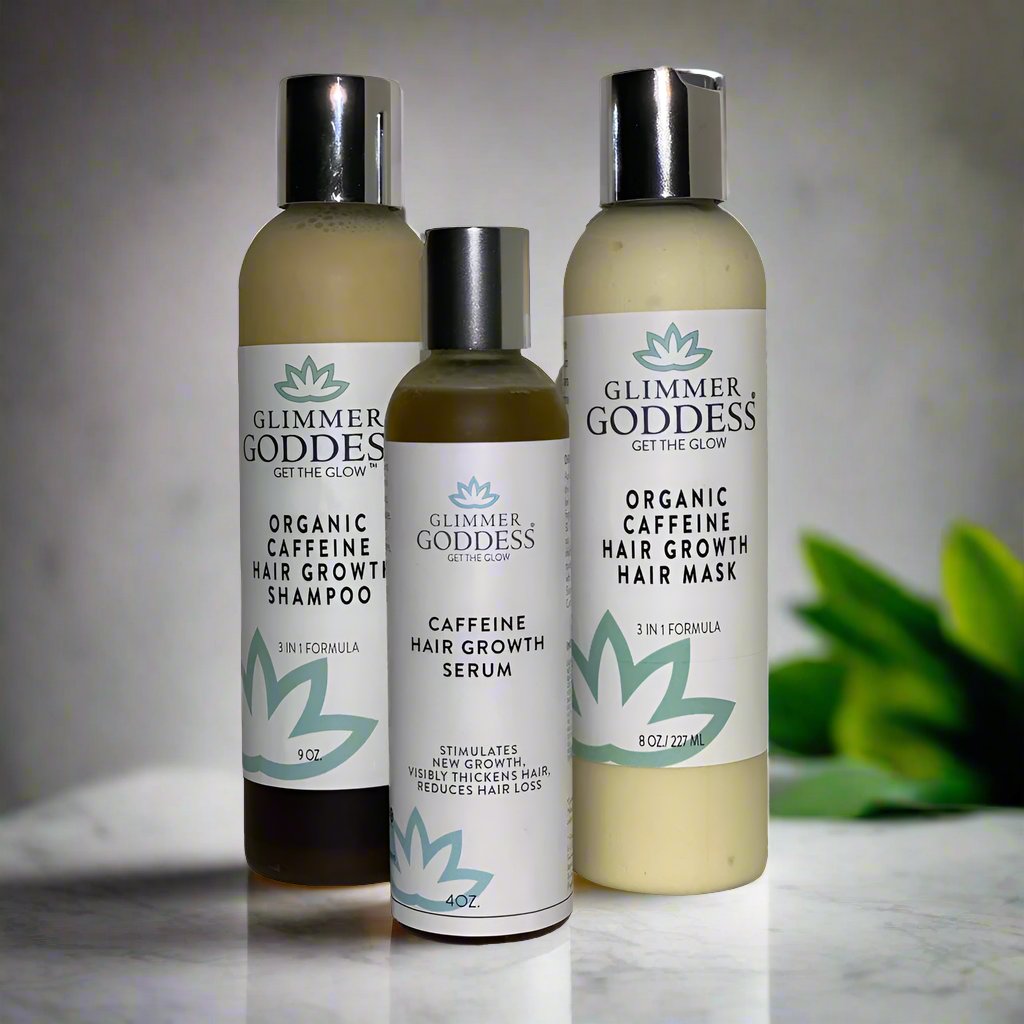 Organic caffeine hair care trio with three hair care products.