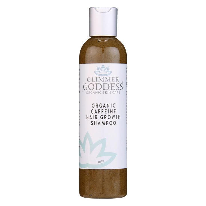 Organic caffeine shampoo with a pump dispenser in a clear bottle.