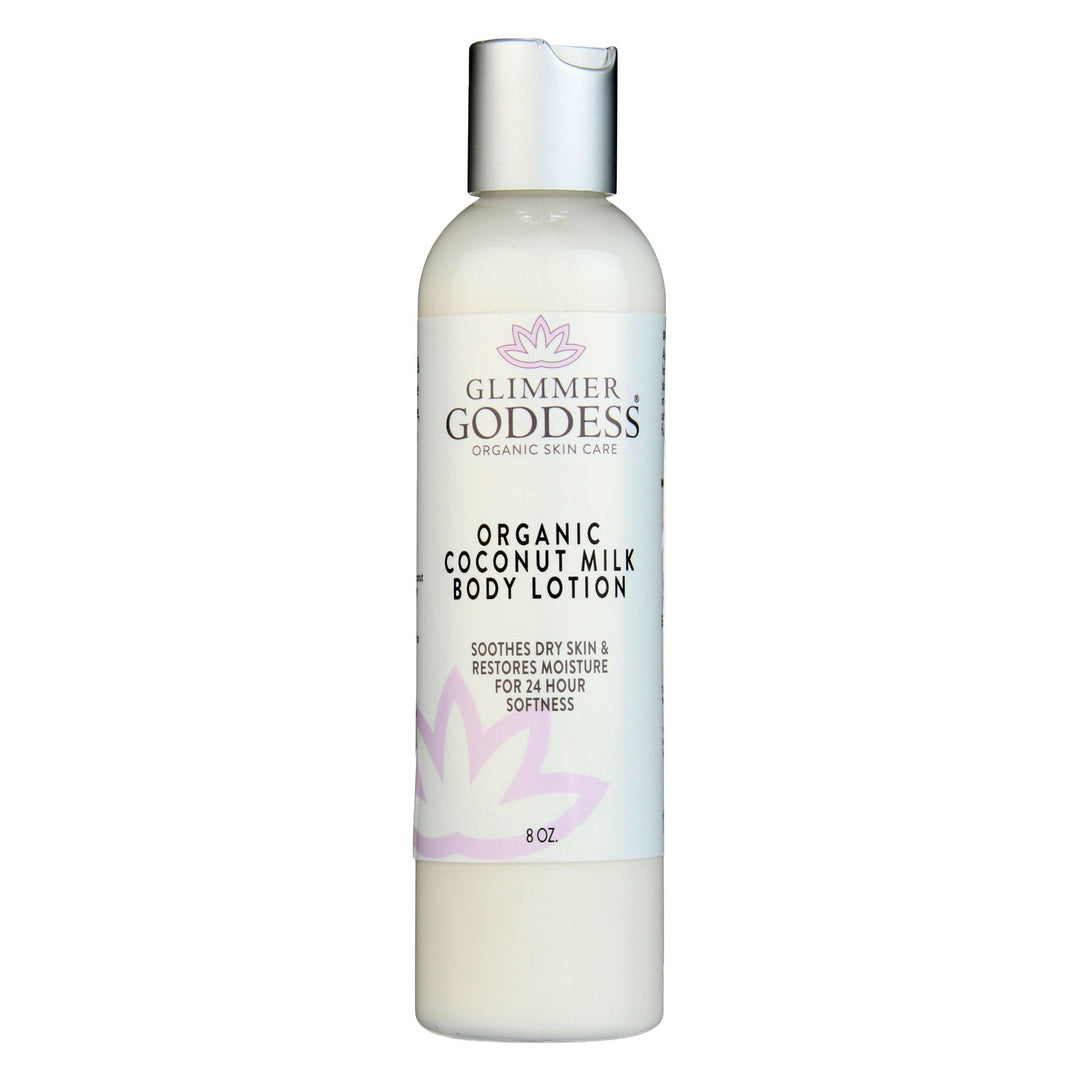 Organic coconut milk body lotion for hydration in a pump bottle.