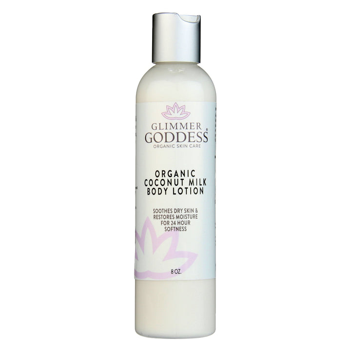 Organic coconut milk body lotion for hydration in a pump bottle.