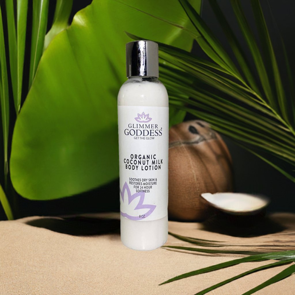 Organic coconut milk body lotion for hydration in a pump bottle.