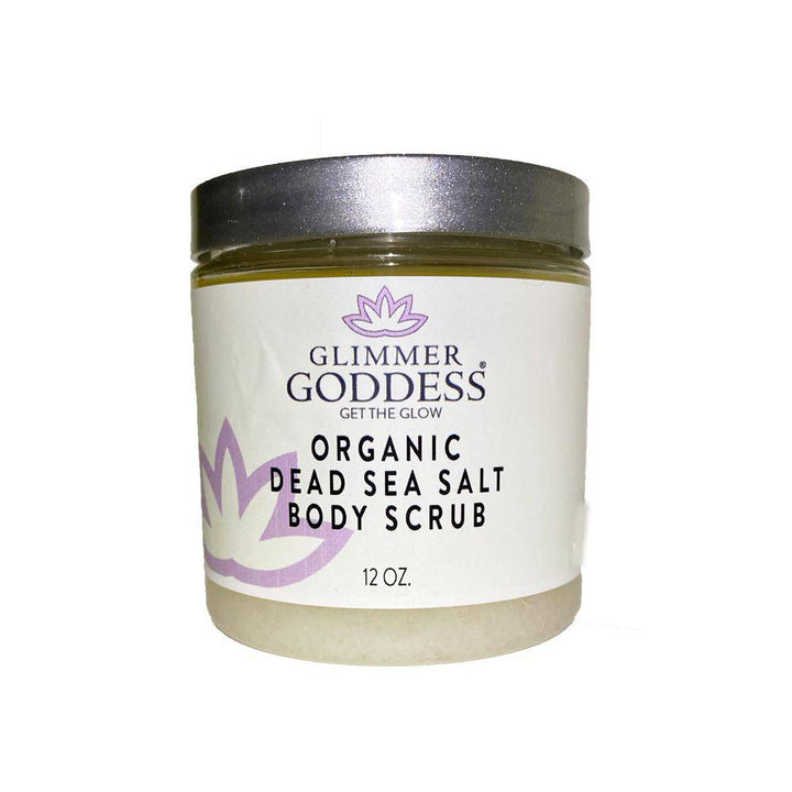 Organic body scrub with Dead Sea salt and shea butter in a jar.