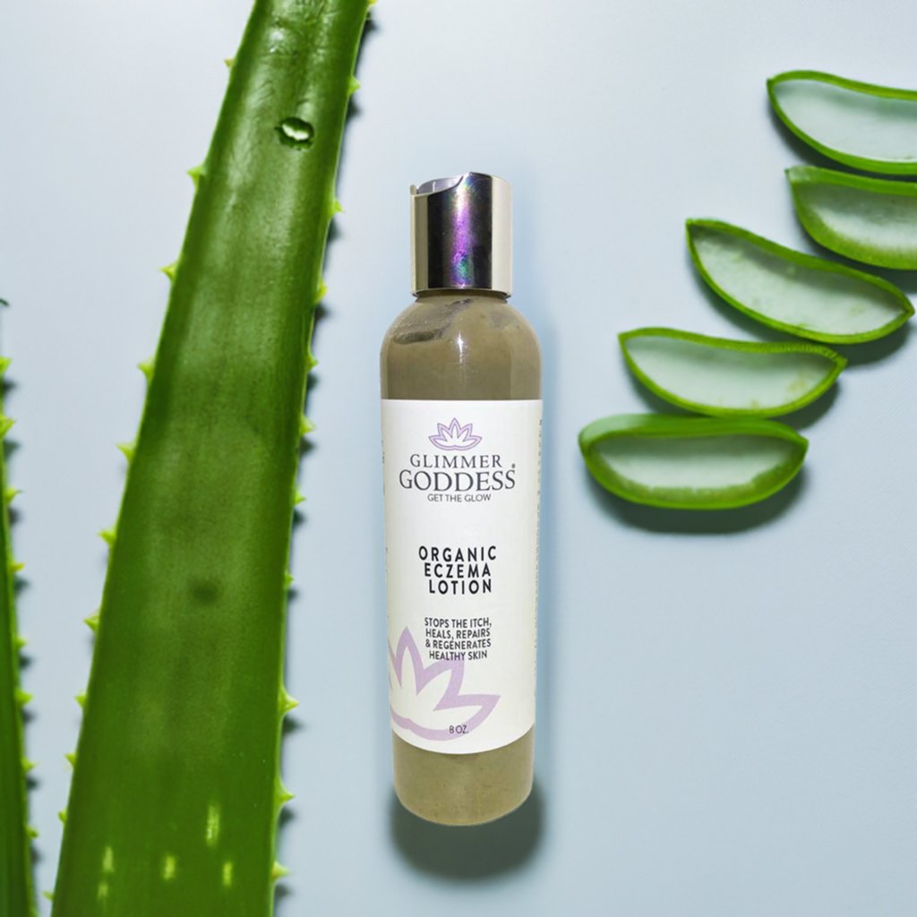Organic eczema lotion with natural ingredients for dry, sensitive skin.