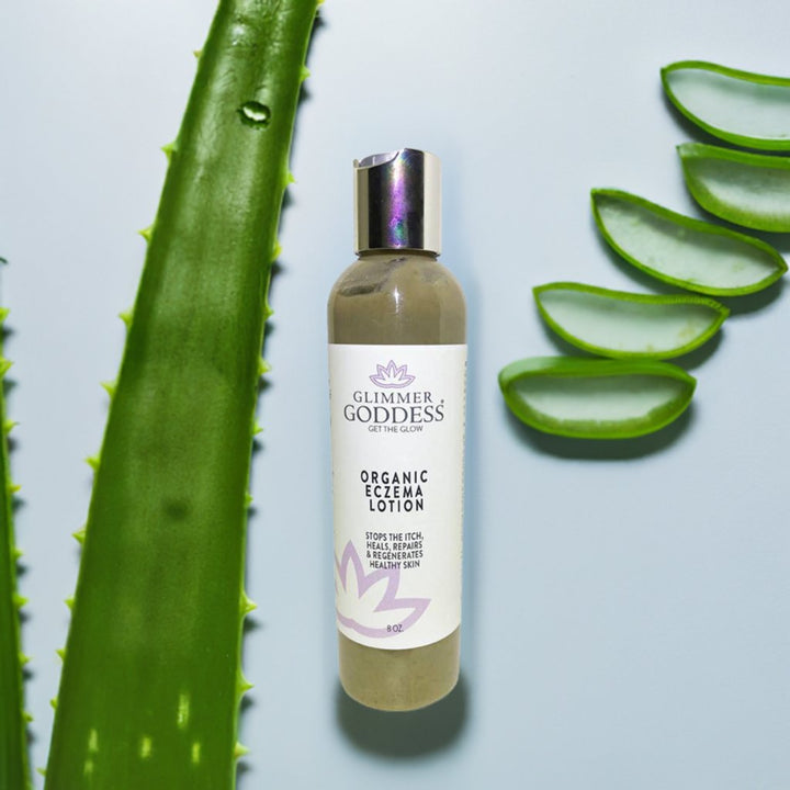 Organic eczema lotion with natural ingredients for dry, sensitive skin.