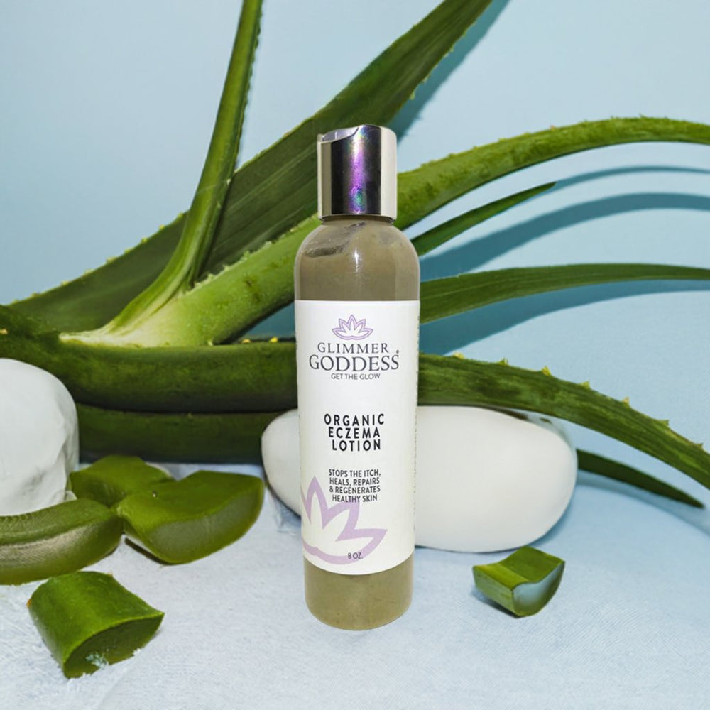 Organic eczema lotion in a jar for dry, sensitive skin.