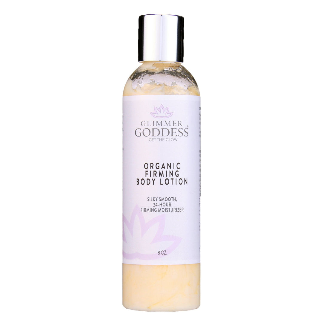 Organic firming body lotion with collagen, bottle and natural ingredients.