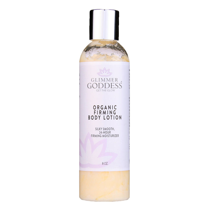 Organic firming body lotion with collagen, bottle and natural ingredients.