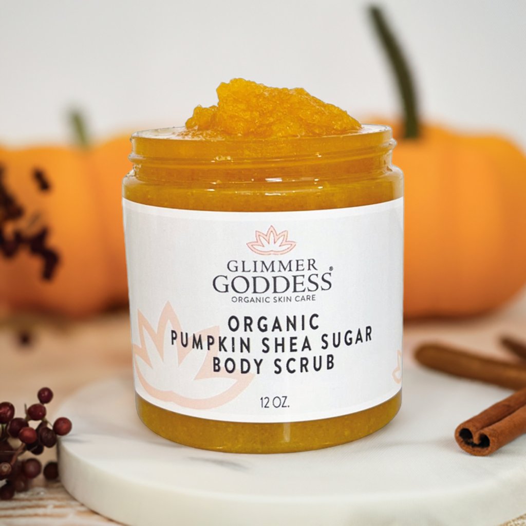 Organic pumpkin sugar body scrub with shea butter in a jar.
