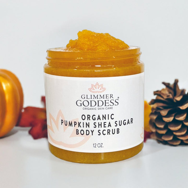 Organic pumpkin sugar body scrub with shea butter in a jar.
