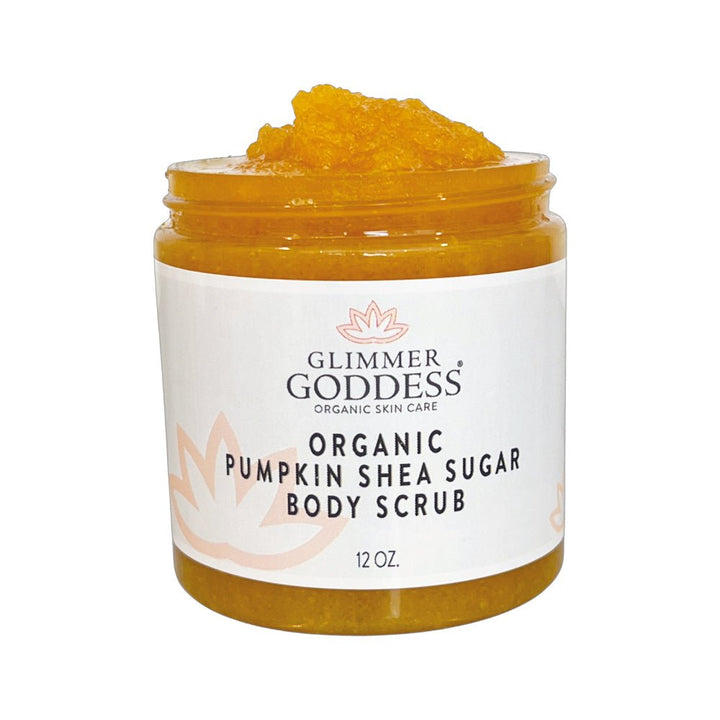 Organic pumpkin sugar body scrub with shea butter in a jar.