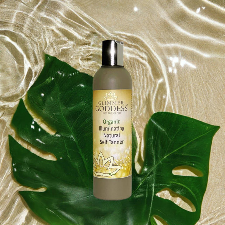 Organic self tanning lotion bottle with a natural formula.