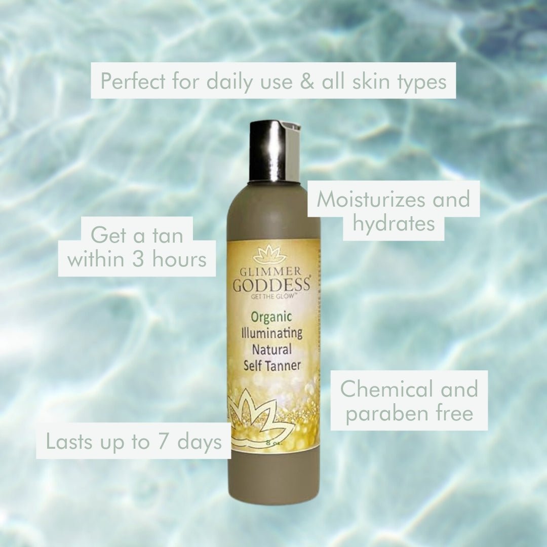 Organic self-tanning lotion bottle with pump dispenser.