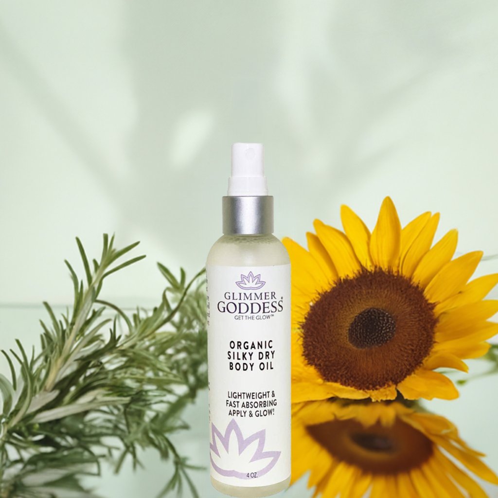Organic silky dry body oil in a 4 oz bottle with natural ingredients.
