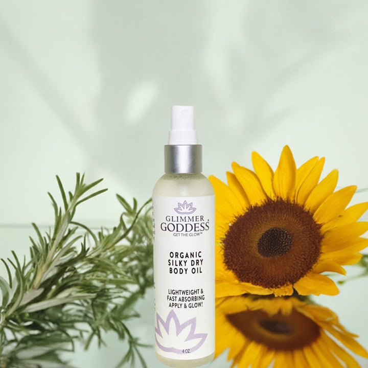 Organic silky dry body oil in a 4 oz bottle with natural ingredients.