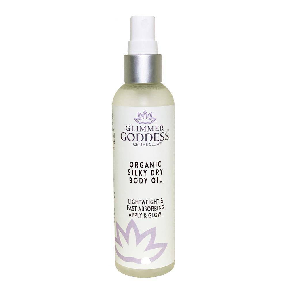 Organic silky dry body oil in a 4 oz amber bottle.