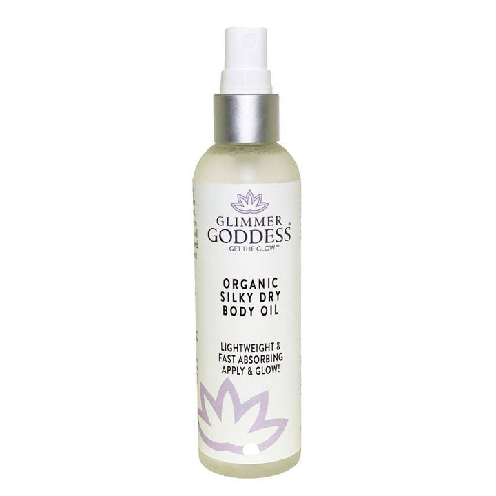 Organic silky dry body oil in a 4 oz amber bottle.