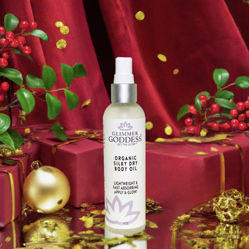 Organic silky dry body oil in a 4 oz bottle.