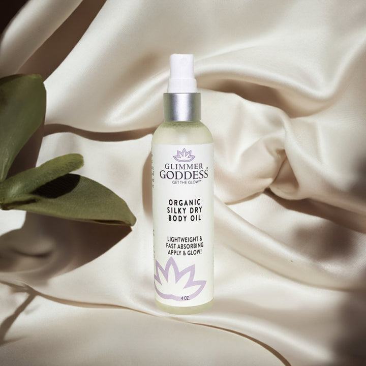 Organic silky dry body oil in a 4 oz bottle.