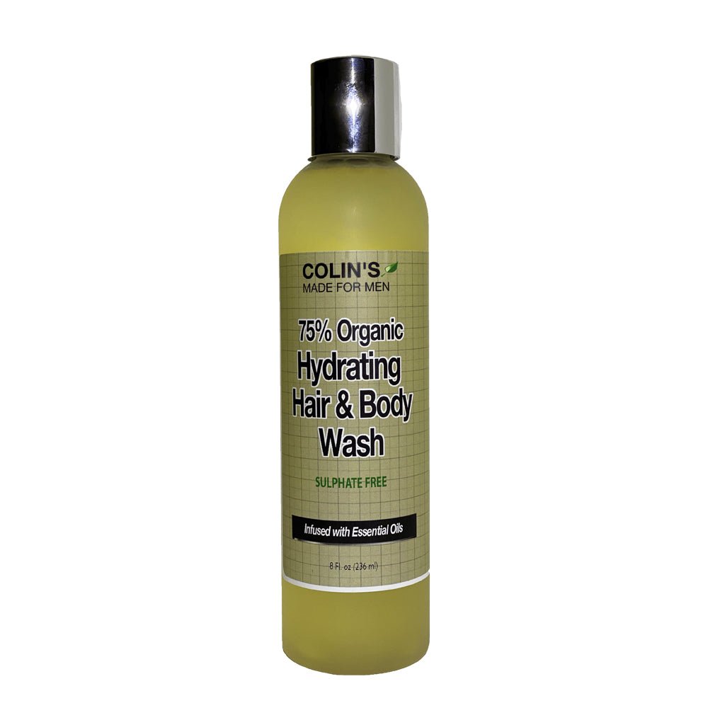 Organic sulfate-free hair and body wash in a clear bottle.