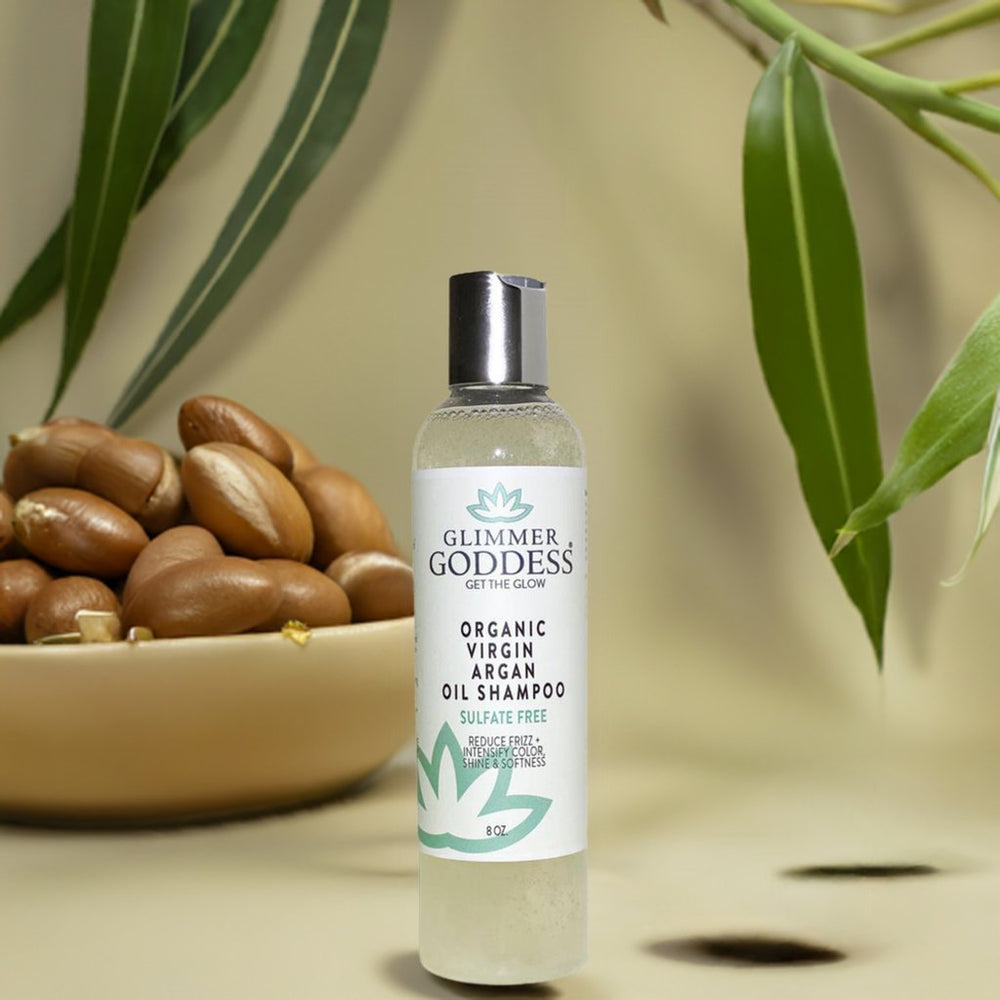 Organic sulfate-free shampoo with Moroccan argan oil in a bottle.