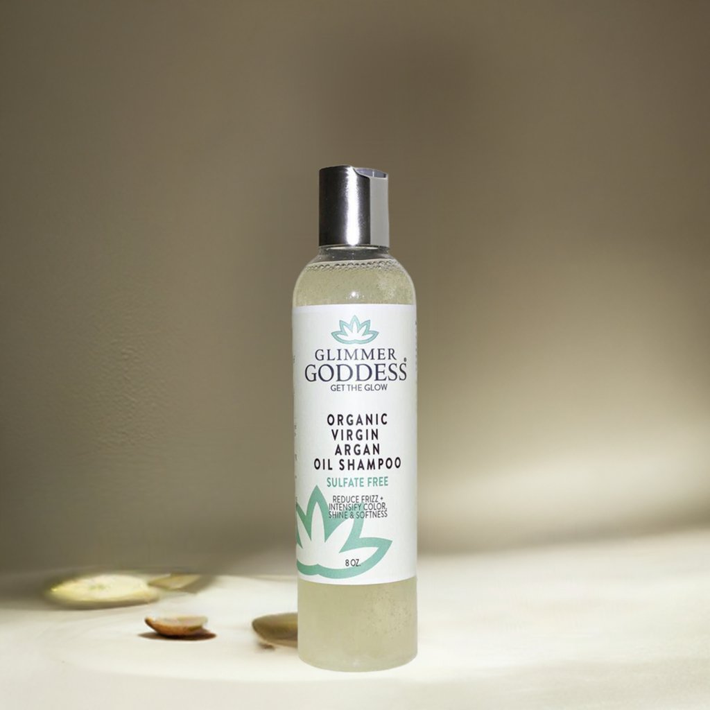 Organic argan oil shampoo, sulfate-free, in a clear bottle.