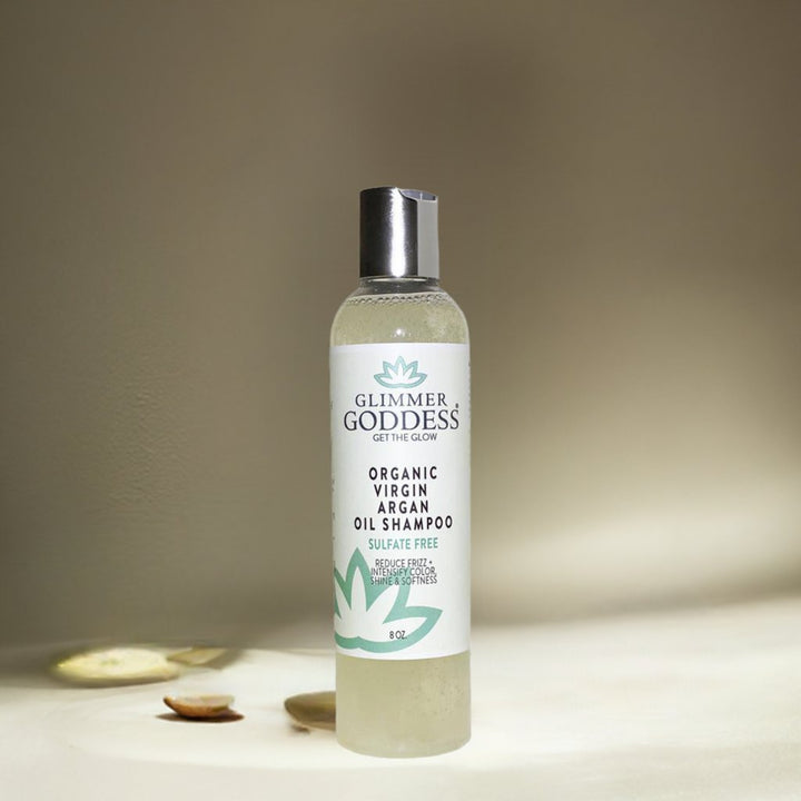 Organic argan oil shampoo, sulfate-free, in a clear bottle.