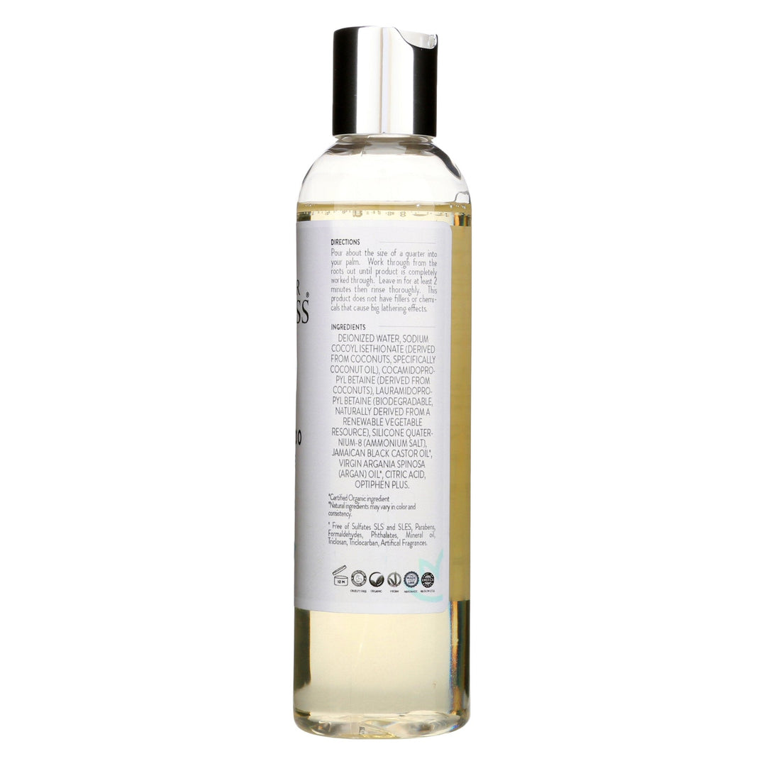 Organic argan oil shampoo, sulfate-free, in a clear bottle.
