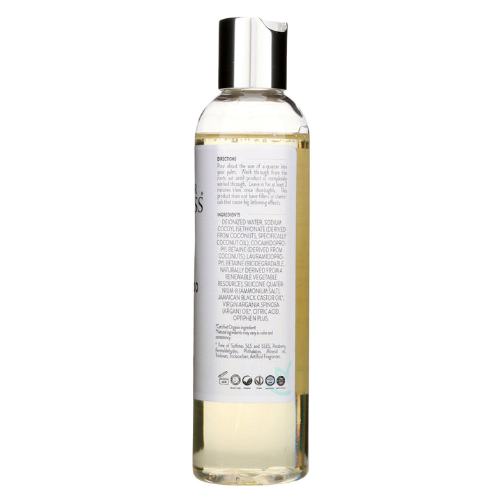Organic argan oil shampoo, sulfate-free, in a clear bottle.
