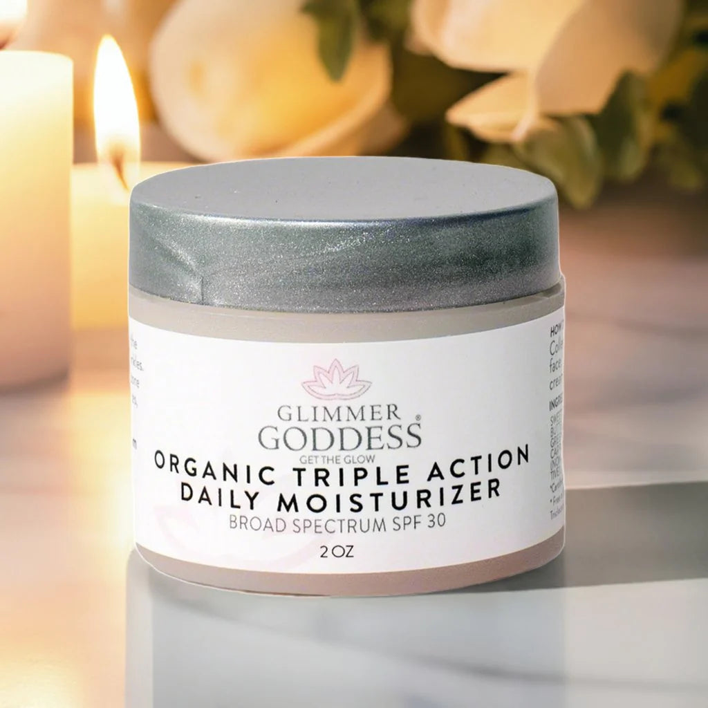 Organic daily face moisturizer with SPF 30, smooth cream texture.